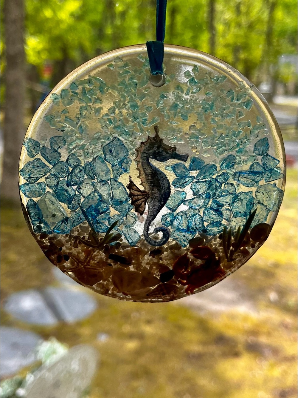 Seahorse Suncatcher with Starfish Seashells Crab Sea Glass Coastal Beach Ocean
